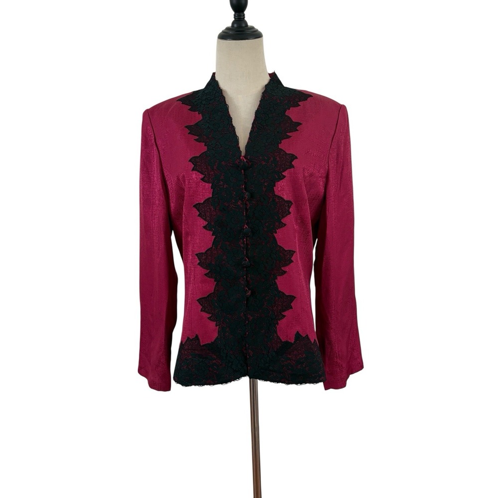 Vtg 80s Adrianna Papell Silk Jacket Sz 14 Burgundy black Lace Trim Button Front
